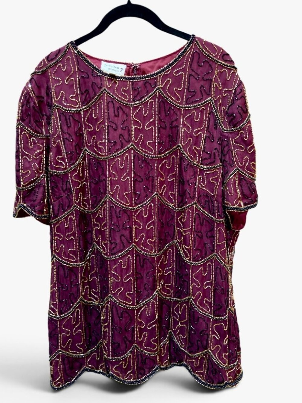 Women's 1X Elegant Stenay Beaded Top Burgandy Gold Black